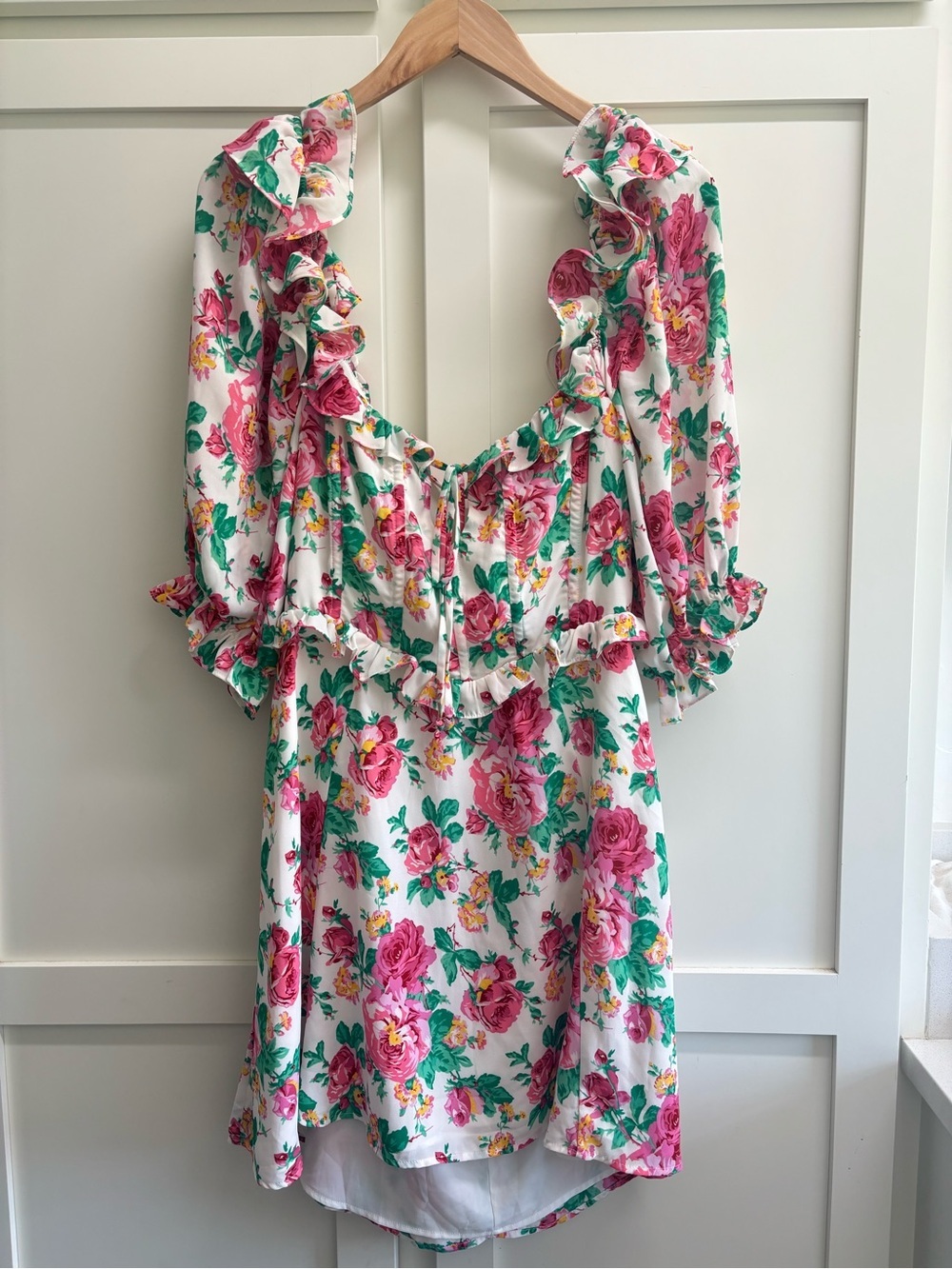 For Love & Lemons Imogen Mini Dress XL Floral Ruffle Corset Tie Back Cottagecore - Picture 10 of 10